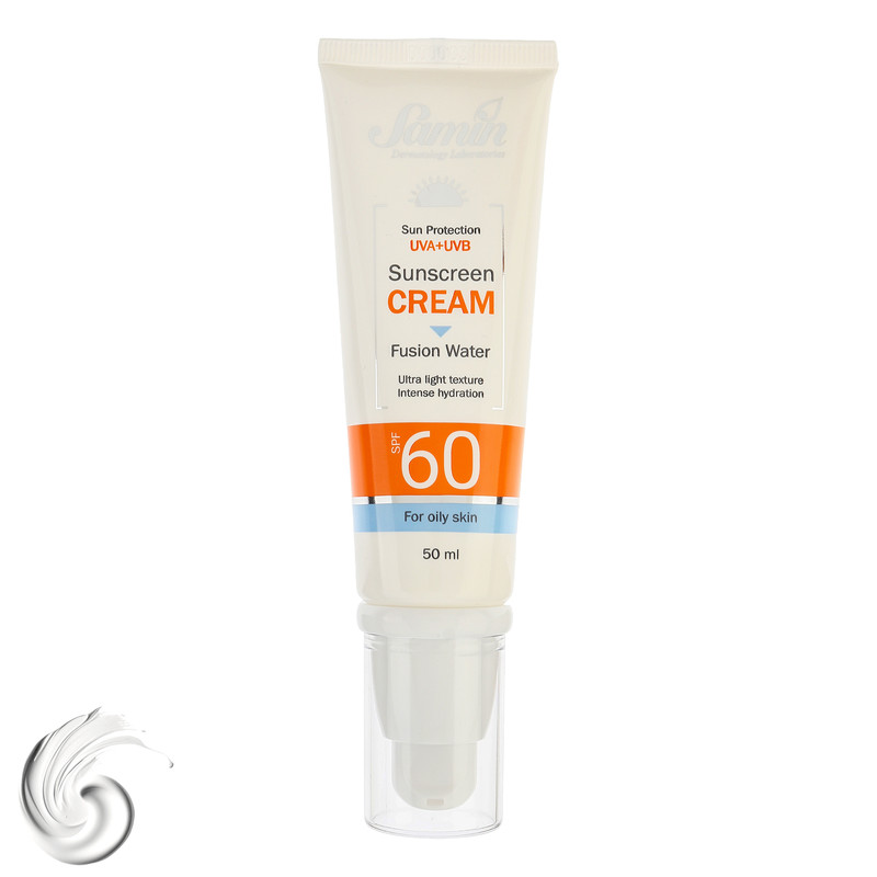 کرم ضد آفتاب بی‌رنگ صورت ثمین SPF 60 مدل Fusion Water ‌محافظ UVA ، UVB مناسب برای پوست‌های چرب حجم 50 میلی‌لیتر