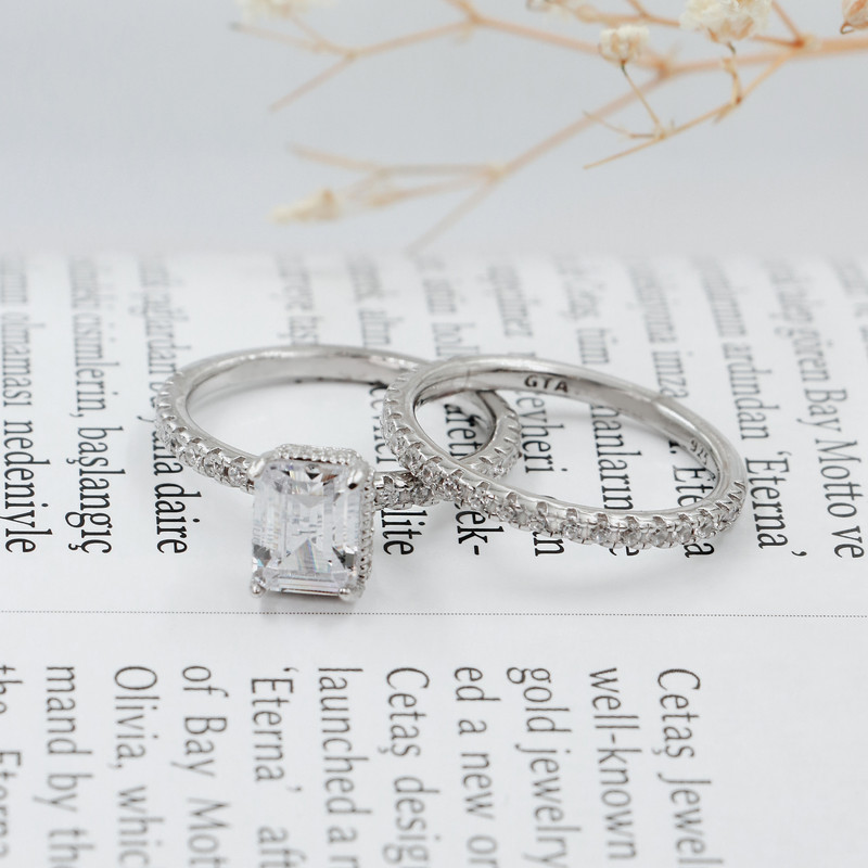 انگشتر نقره زنانه جی تی ای مدل تک نگین مجموعه 2 عددی