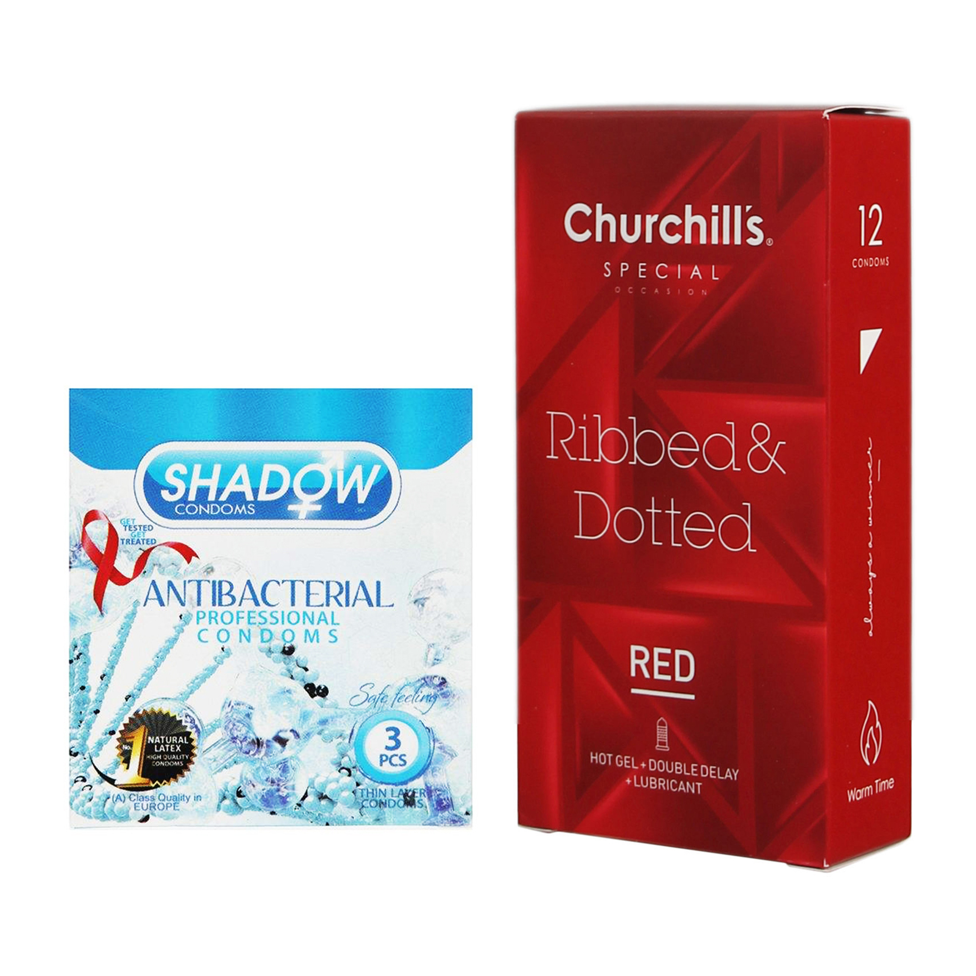 کاندوم چرچیلز مدل Hot Gel بسته 12 عددی به همراه کاندوم شادو مدل Anti Bacterial بسته 3 عددی