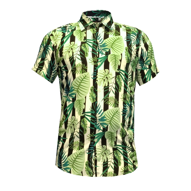 پیراهن آستین کوتاه مردانه مدل هاوایی راه راه برگی کد B-GR رنگ سبز