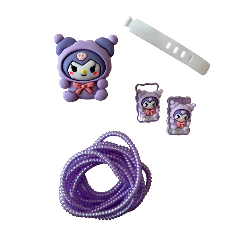 محافظ کابل  مدل کریستالی Kuromi اسفنجی به همراه محافظ شارژر دیواری مجموعه 5 عددی