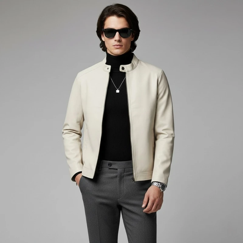 عکس شماره 14 : کت چرم مردانه مدل یقه دیپلمات