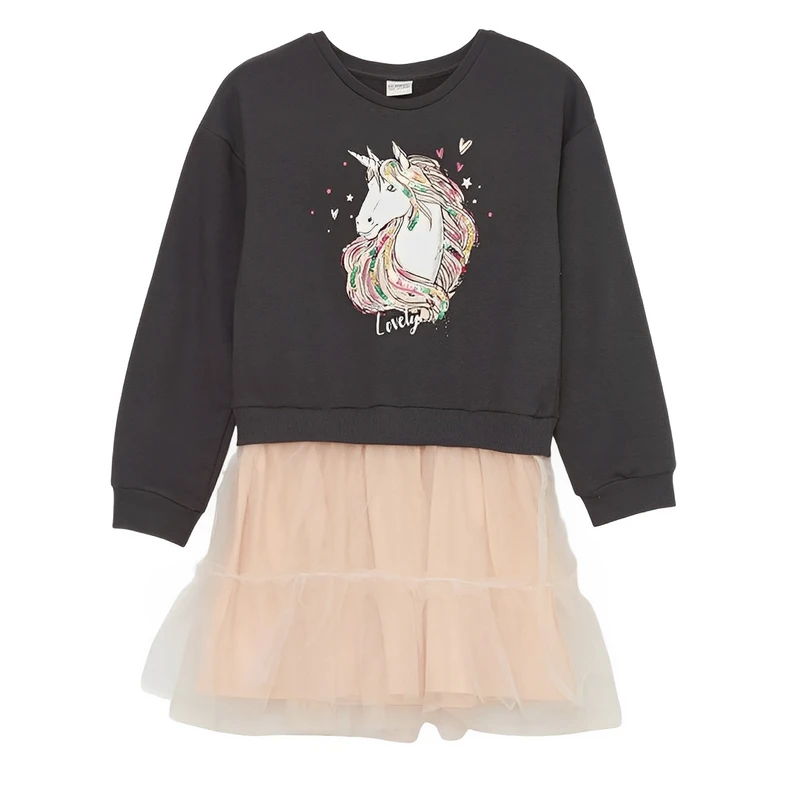 پیراهن آستین بلند یقه گرد دخترانه ال سی وایکیکی مدل Ho1