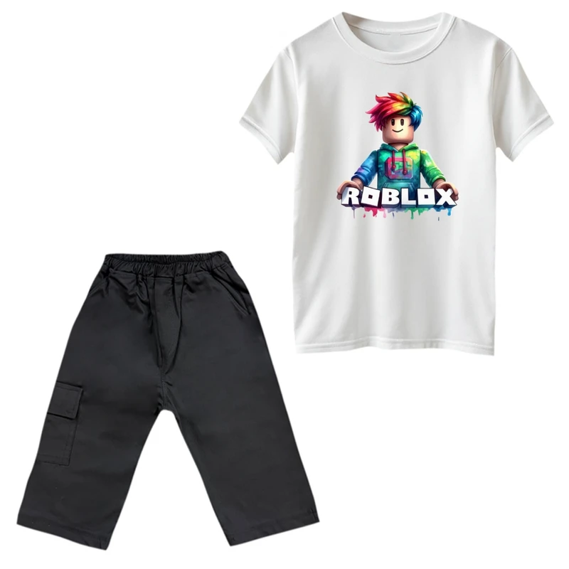 ست تی‌شرت و شلوارک پسرانه مدل روبلاکس کد 17 رنگ سفید