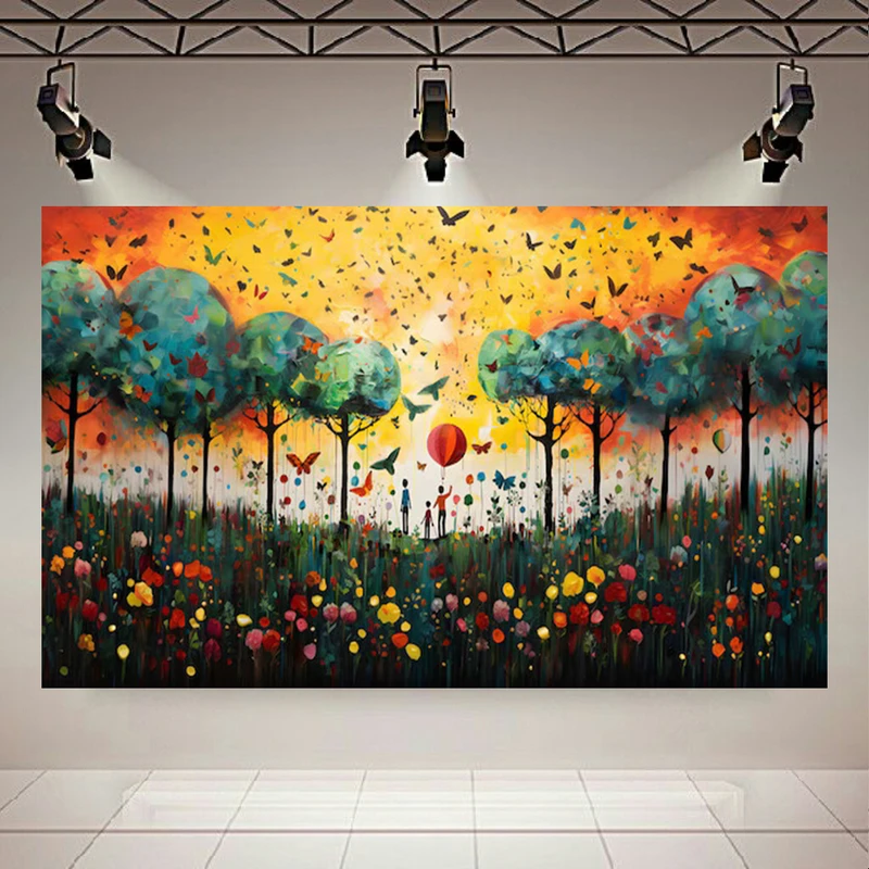 تابلو بوم طرح مخمل جنگل و طلوع خورشید مدل رقص پروانه ها کد AR304176