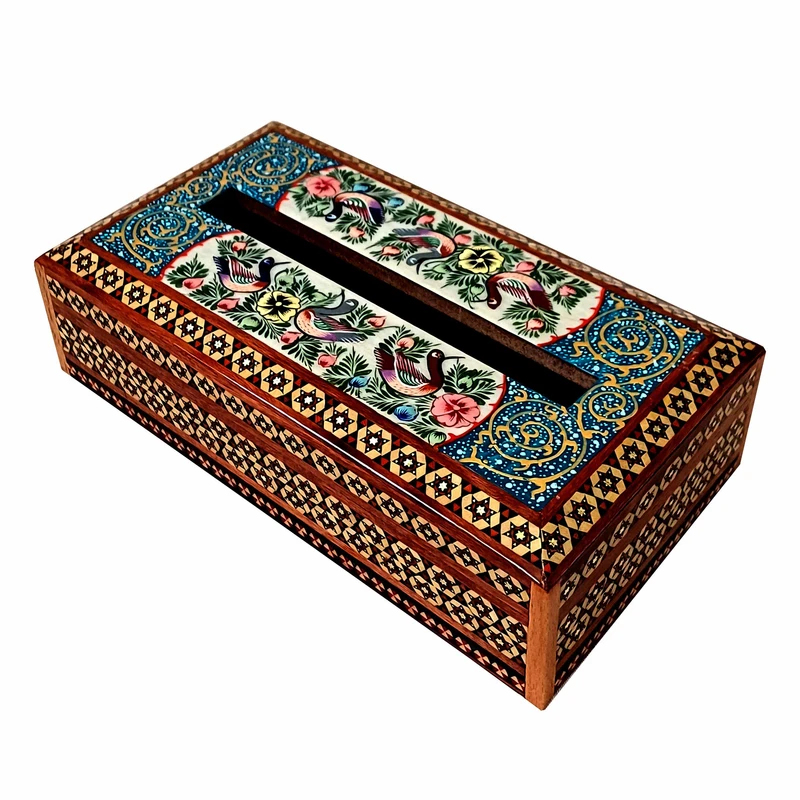 جعبه دستمال کاغذی خاتم کاری چوبی طرح گل و مرغ مدل شیدا کد S3P