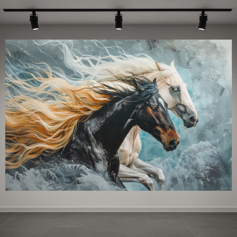 تابلو بوم طرح مخمل نقاشی دو اسب مدل تاختن در دریا کد AR3060198