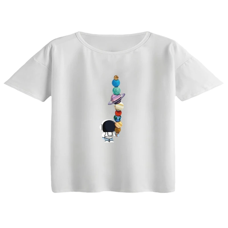 کراپ تی‌شرت آستین کوتاه زنانه مدل فضانور و بستنی و سیاره ها