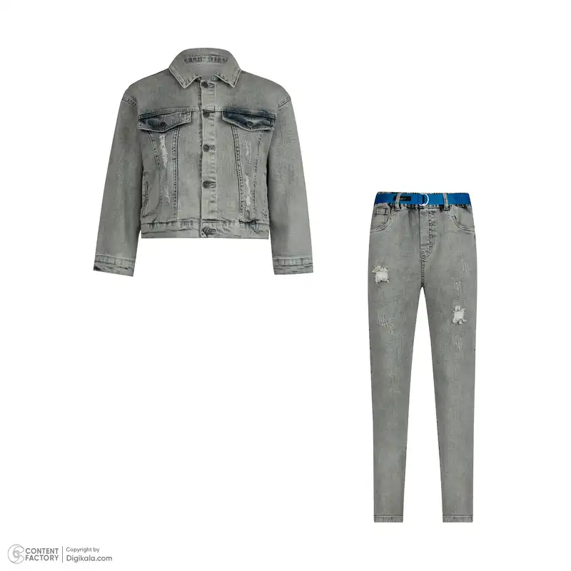 ست کت و شلوار جین دخترانه تیپ تاپ مدل Sticker رنگ آبی روشن