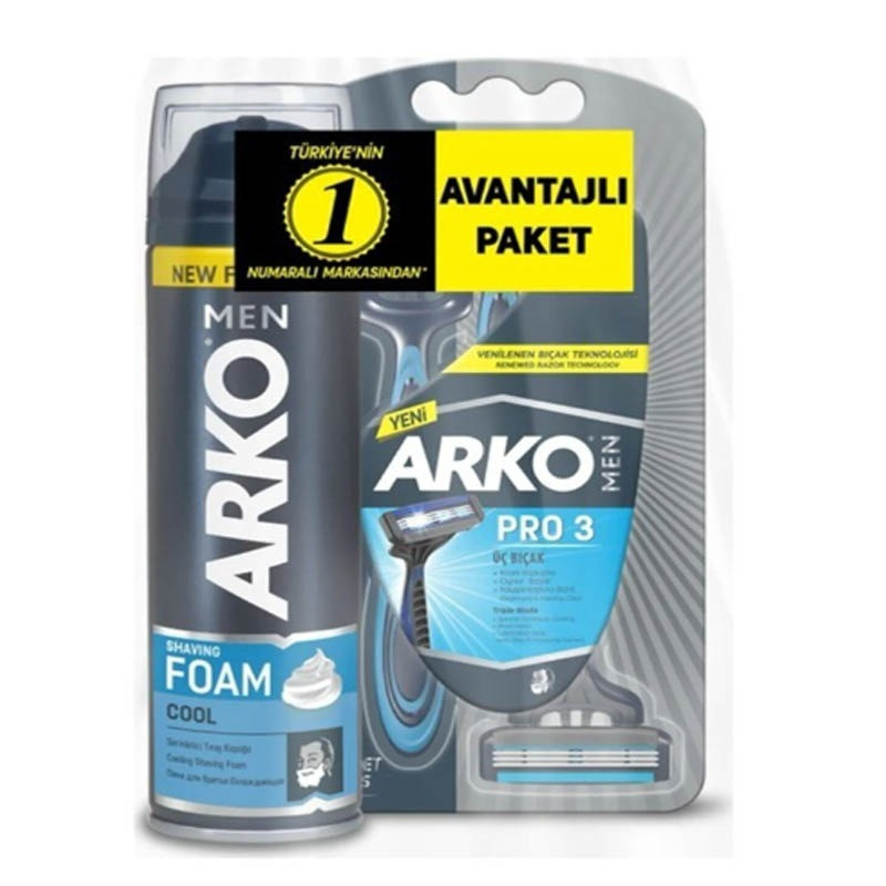 فوم اصلاح آرکو من مدل Cool حجم 200 میلی لیتر به همراه تیغ اصلاح مدل 3 لبه بسته 3 عددی