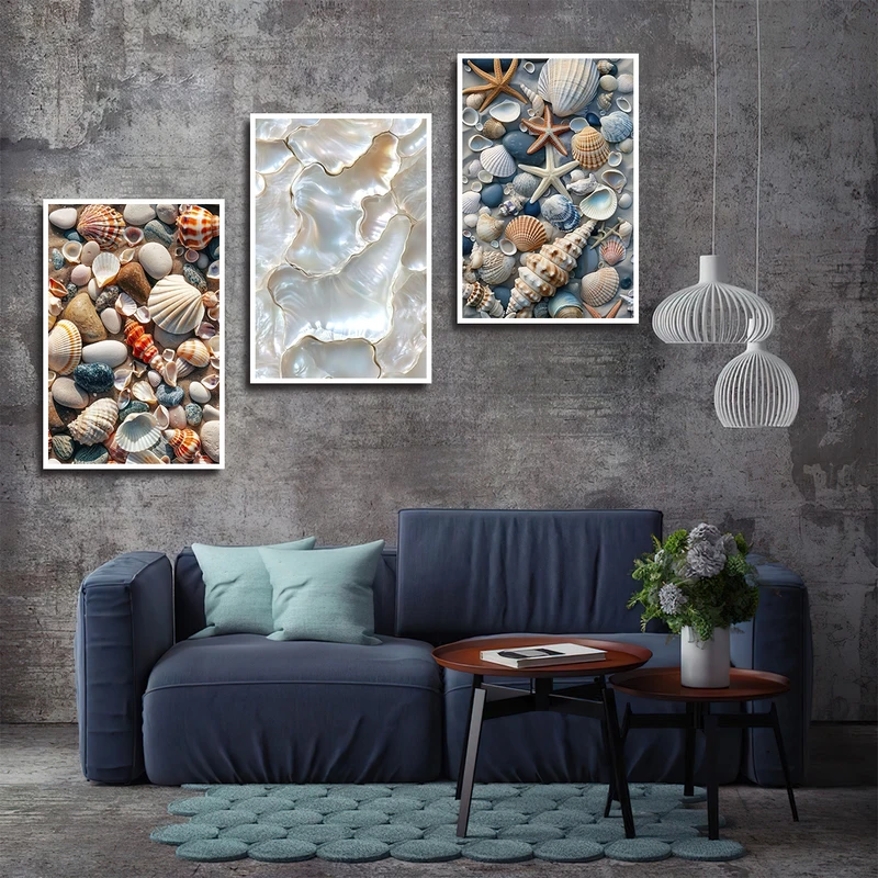 تابلو بکلیت طرح طبیعت دریا و صدف و ستاره دریایی W-3345 فریم سفید  مجموعه 3 عددی