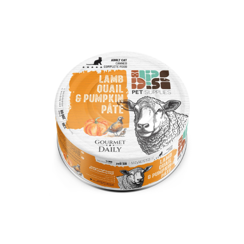 کنسرو غذای گربه بالغ دی پی اس مدل پته طعم بره، بلدرچین و کدو وزن 200 گرم