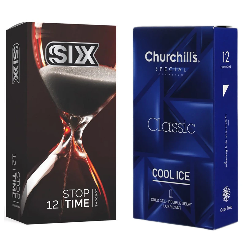 کاندوم چرچیلز مدل Cool Ice بسته 12 عددی به همراه کاندوم سیکس مدل کلاسیک تاخیری بسته 12 عددی