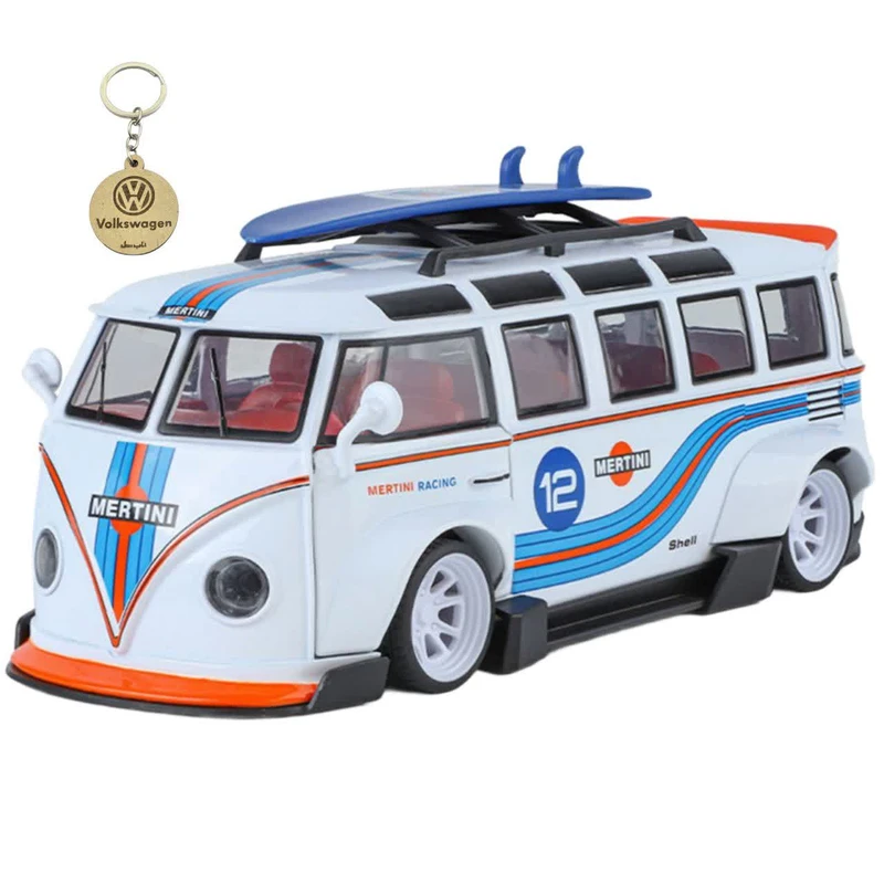 ماکت ماشین ناب سل مدل فولکس اسنوبرددار فانتزی T1 سافاری موزیکال چراغدار فلزی همراه با جاسوییچی Snowboarder Volkswagen NAAB001