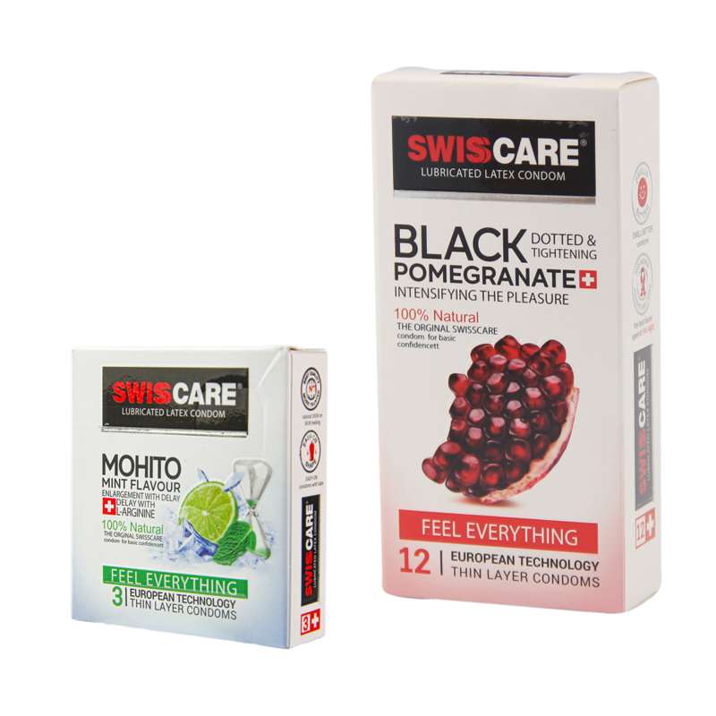 کاندوم سوئیس کر مدل BLACK POMEGRANATE بسته 12 عددی به همراه کاندوم سوئیس کر مدل MOHITO بسته 3 عددی
