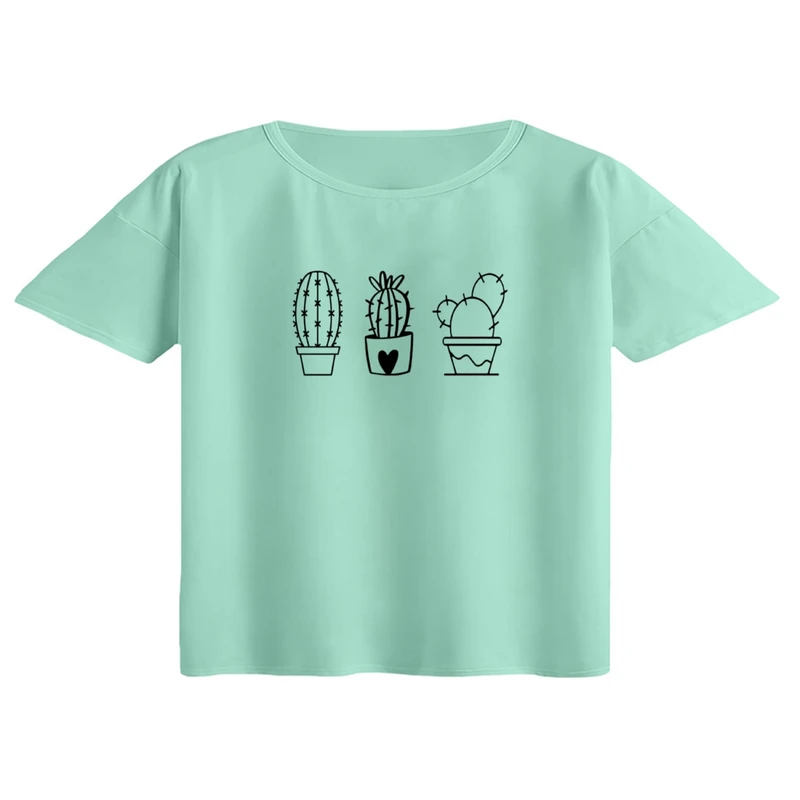 کراپ تی‌شرت آستین کوتاه زنانه مدل کاکتوس خطی 1 رنگ سبز روشن