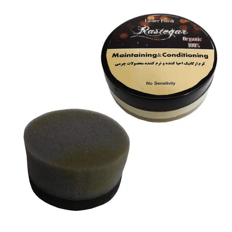 کرم ارگانیک احیاکننده و نرم کننده محصولات چرمی مدل رستگار کد 04 به همراه اسفنج