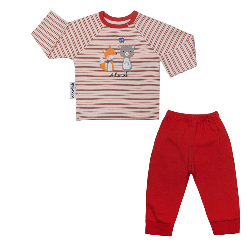 ست تی شرت آستین بلند و شلوار خرس راه راه نوزادی آدمک کد 110053 رنگ قرمز