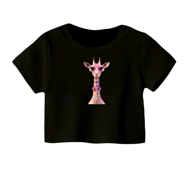 کراپ‌ تی‌شرت آستین کوتاه زنانه مدل زرافه عینکی