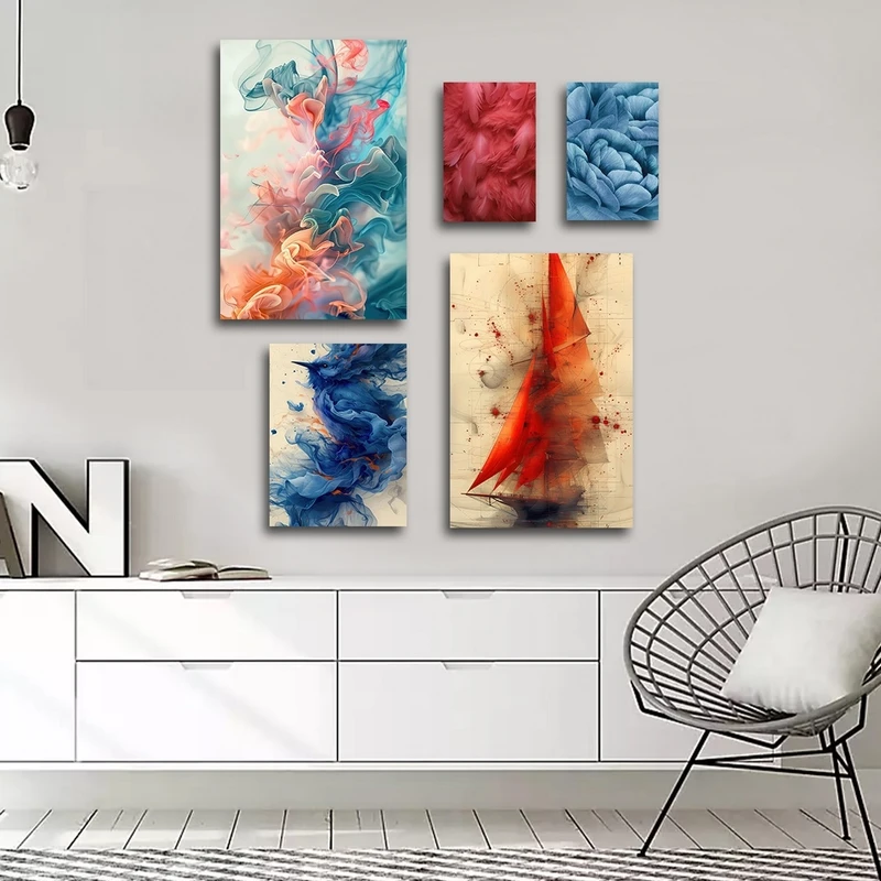 تابلو شاسی بکلیت طرح نقاشی آبرنگی و کشتی بادبانی مدل SH-2757 مجموعه 5 عددی