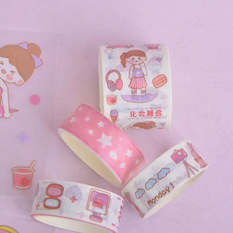 چسب نواری مدل واشی طرح فانتزی دخترانه به همراه استیکر مجموعه 8عددی