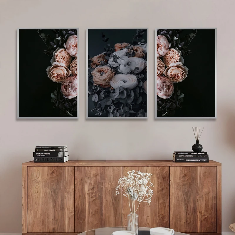 تابلو بکلیت طرح مدرن طبیعت و گل رز صورتی مدل SI-1721 مجموعه 3 عددی