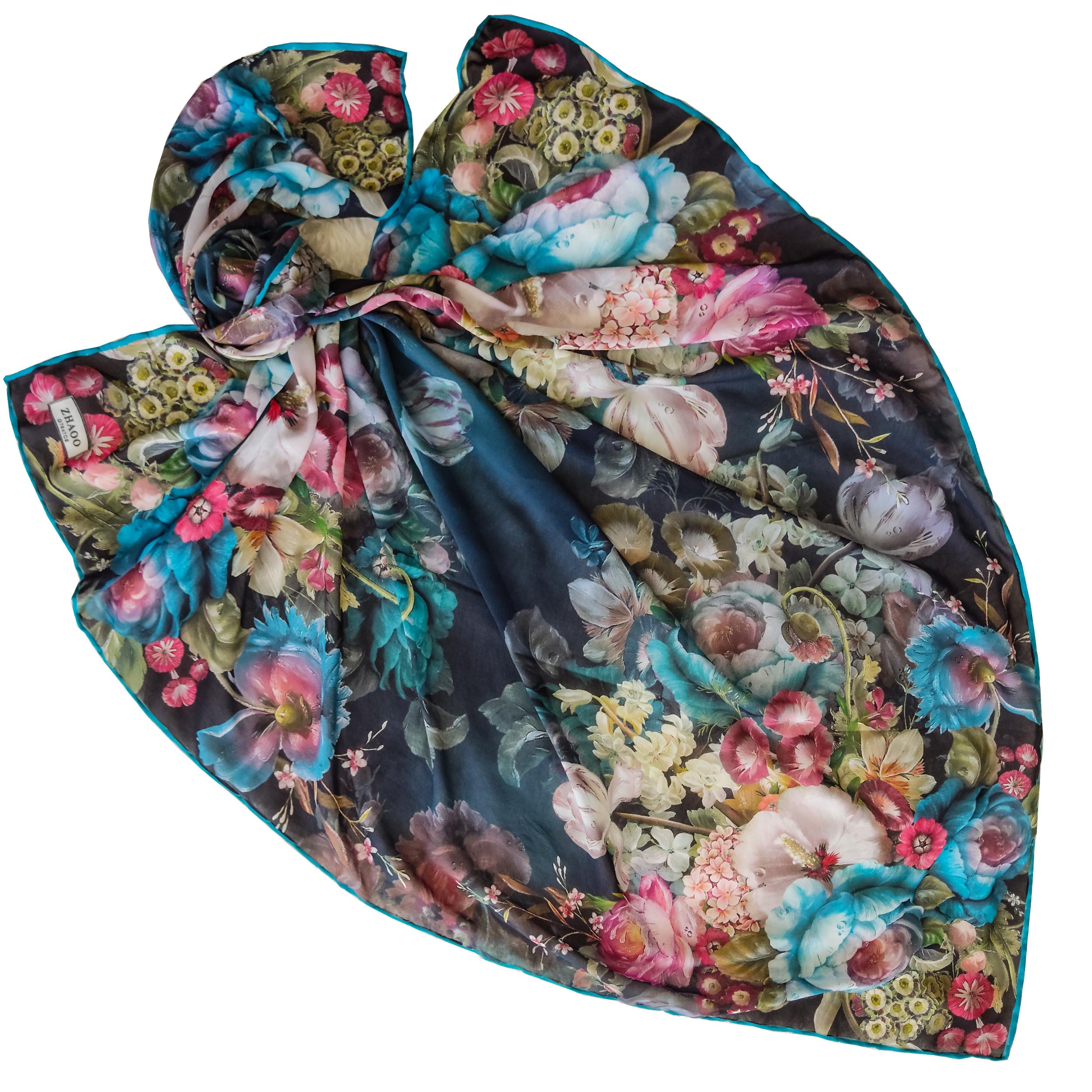 روسری زنانه زاعو مدل مجلسی ابریشمی گل های اطلسی کد 30210