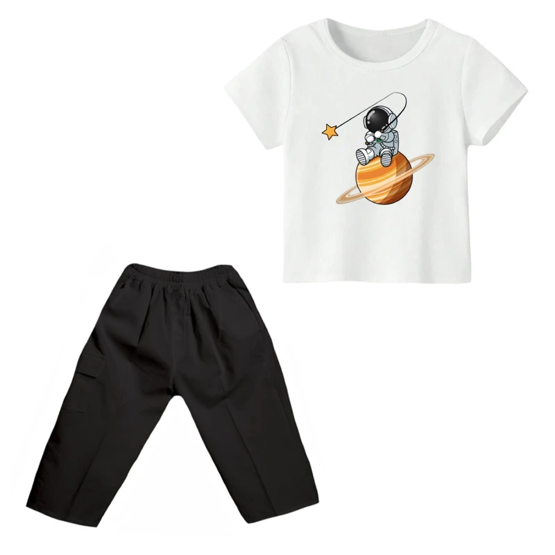 ست تی شرت و شلوارک پسرانه مدل فضانورد کد ۱۰ رنگ سفید