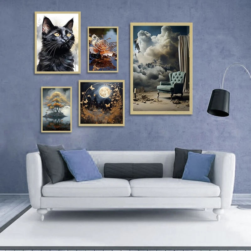 تابلو بکلیت طرح طبیعت و گربه مدل شاین اکلیلی BE-1275 مجموعه 5 عددی