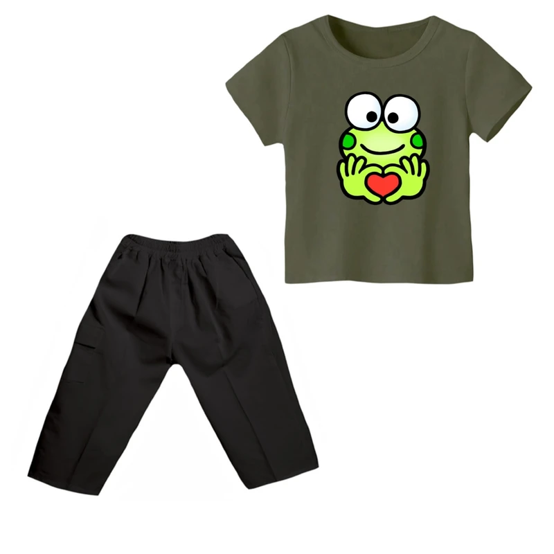 ست تی شرت و شلوارک دخترانه مدل غورباقه کد 2