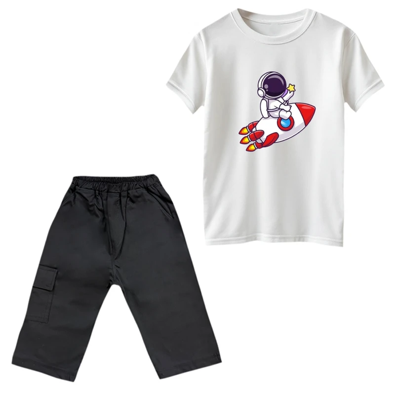 ست تی‌شرت و شلوارک پسرانه مدل فضانورد کد 2 رنگ سفید 