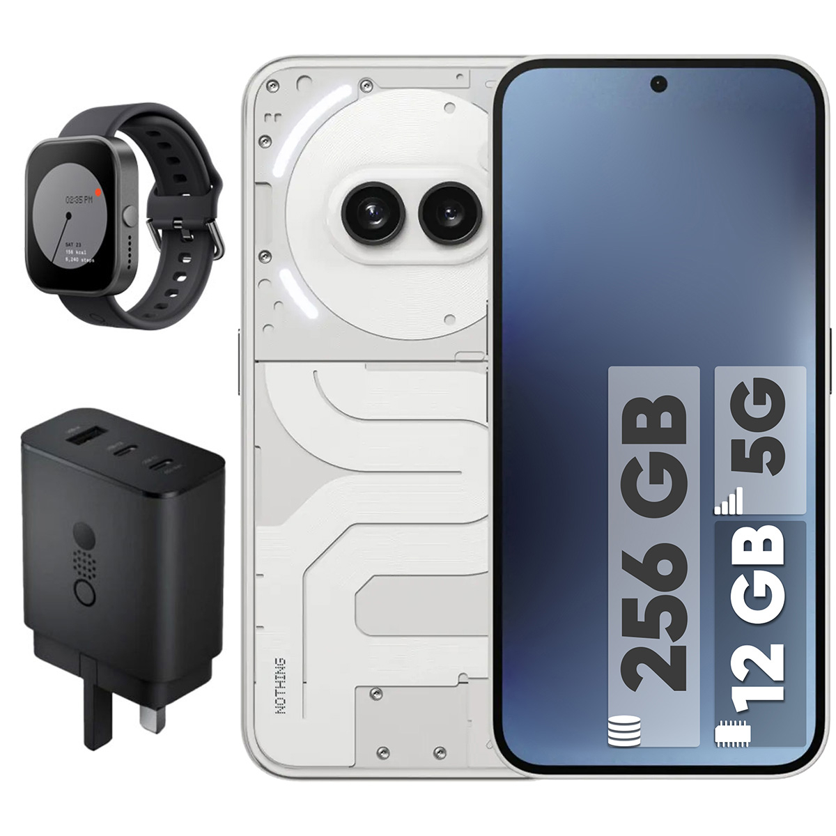 گوشی موبایل ناتینگ مدل Phone 2a دو سیم کارت ظرفیت 256 گیگابایت رم 12 گیگابایت - به همراه شارژر 65 وات ناتینگ و ساعت هوشمند ناتینگ مدل CMF Watch Pro