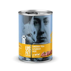 کنسرو غذای گربه بالغ یو اس پت مدل های پریمیوم طعم مرغ، گوساله و بوقلمون وزن 430 گرم
