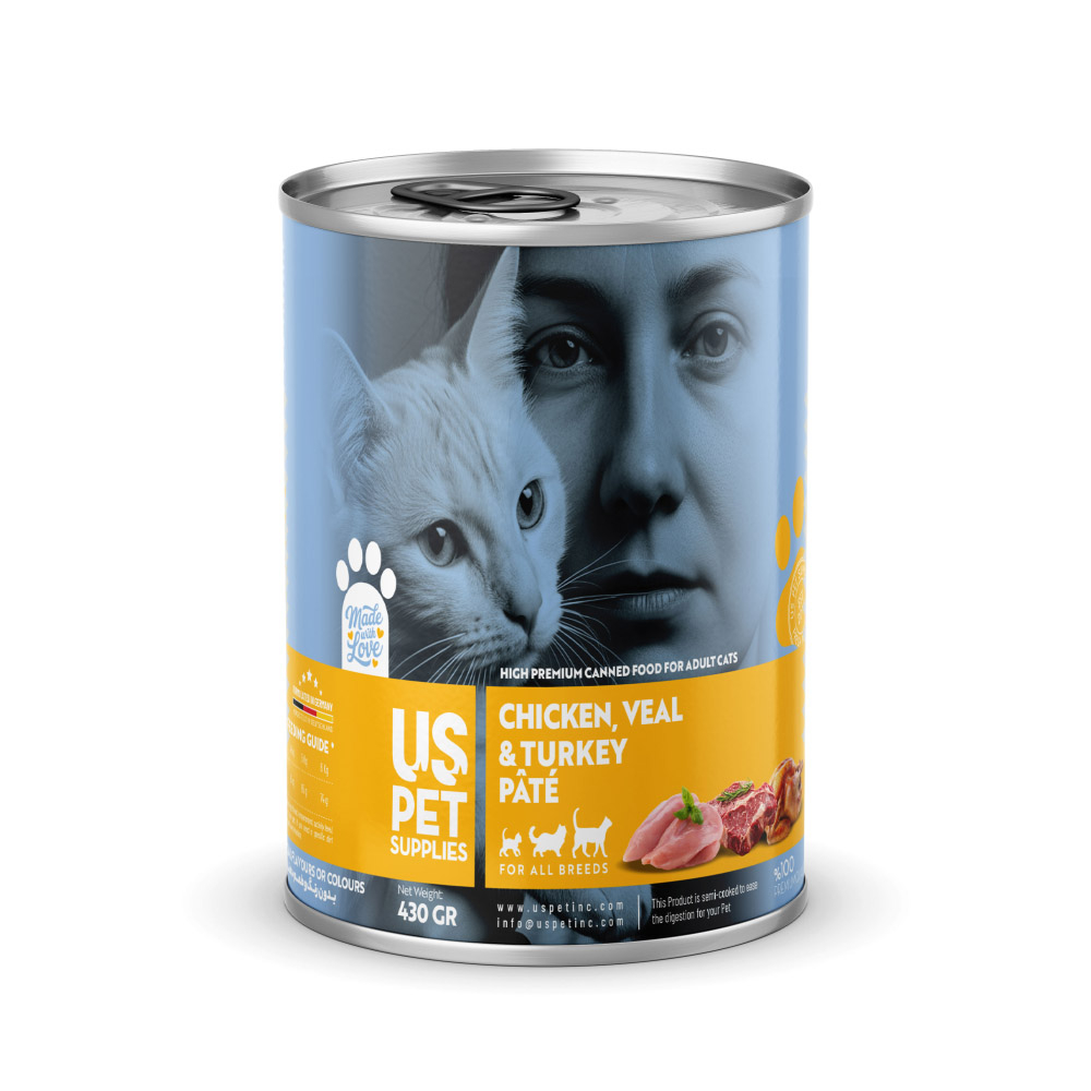 کنسرو غذای گربه بالغ یو اس پت مدل های پریمیوم طعم مرغ، گوساله و بوقلمون وزن 430 گرم