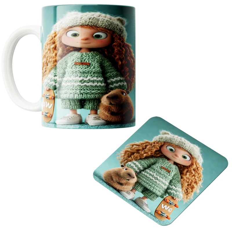 ماگ پاد آفرین مدل دخترک کد888 به همراه زیر لیوانی 