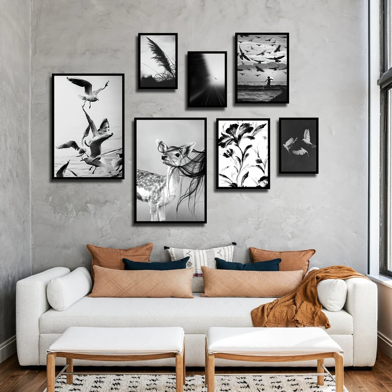 تابلو بکلیت طرح طبیعت و پرنده و آهو مدل B-3423 فریم مشکی مجموعه 7 عددی