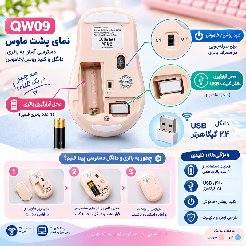 کیبورد و ماوس بیسیم مدل QW09