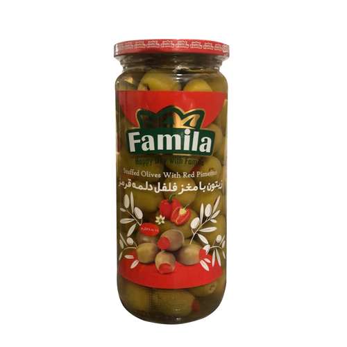زیتون شور با مغر فلفل دلمه قرمز فامیلا - 460 گرم 