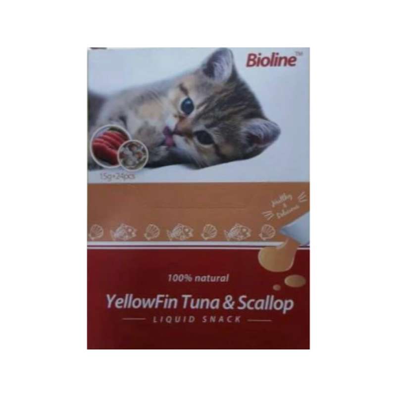 اسنک مایع گربه بیولاین مدل yellowfin & scallop وزن 15 گرم بسته 24 عددی