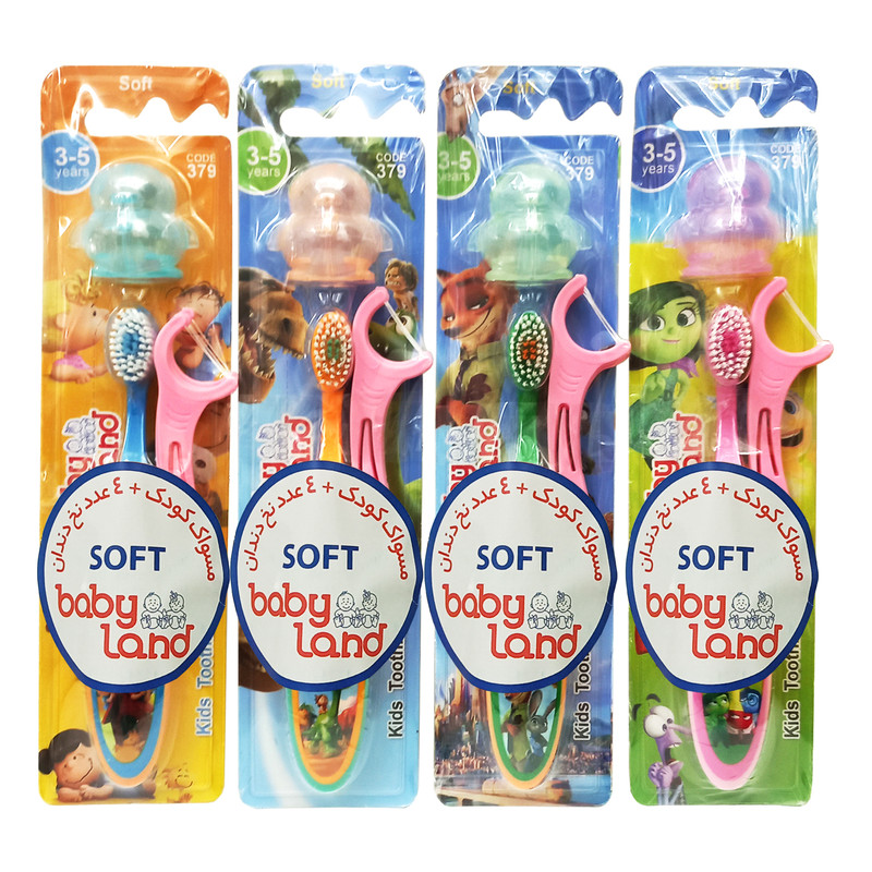 مسواک کودک بیبی لند مدل B_SOFTKIDS با برس نرم به همراه نخ دندان بسته 4 عددی