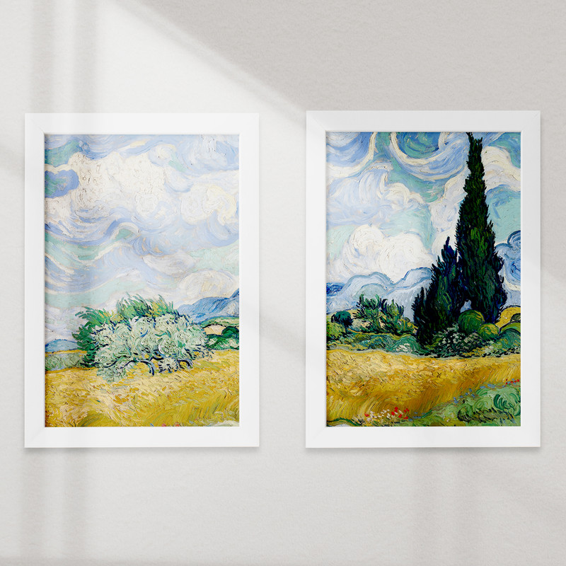 تابلو خندالو مدل دکوراتیو مزرعه گندم و سروها ونگوگ Van Gogh کد M15 مجموعه 2 عددی