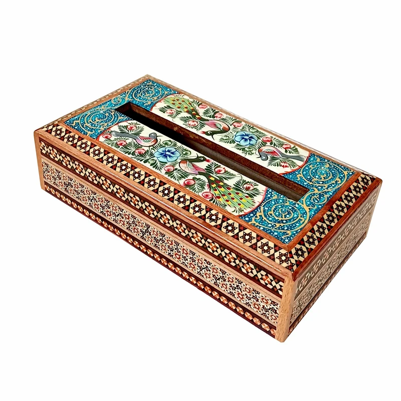 جعبه دستمال کاغذی خاتم کاری چوبی طرح گل و مرغ مدل گلسار کد TS1150