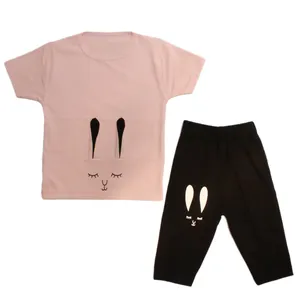 ست تی شرت آستین کوتاه و شلوارک دخترانه مدل خرگوشی رنگ گلبهی