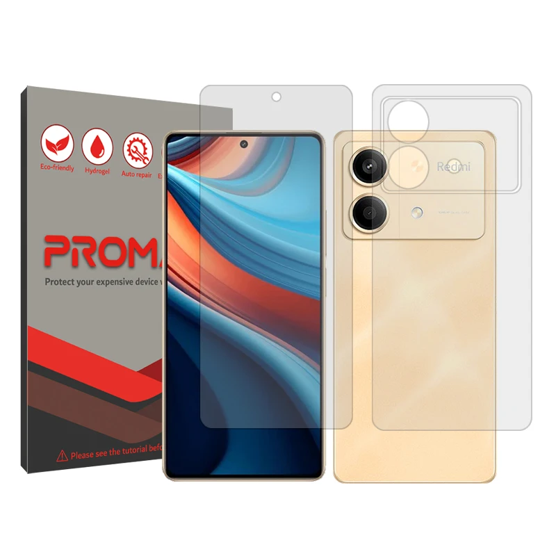 محافظ صفحه نمایش شفاف پرومیت مدل Resistant مناسب برای گوشی موبایل شیائومی Redmi Note 13R Pro به همراه محافظ پشت گوشی