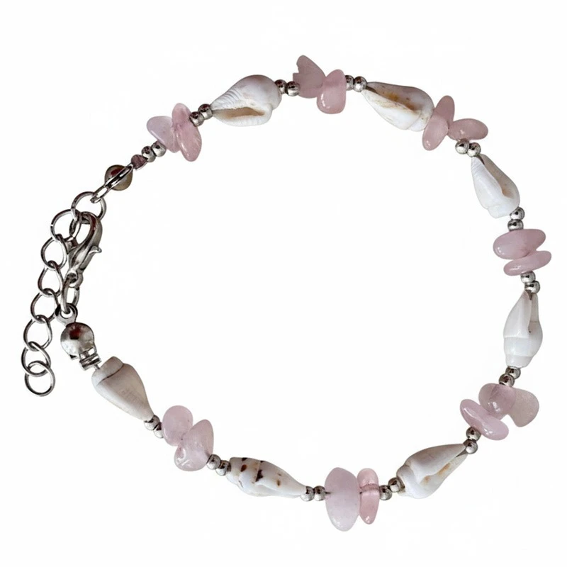 دستبند دخترانه مدل سنگ رزکوارتز و صدف