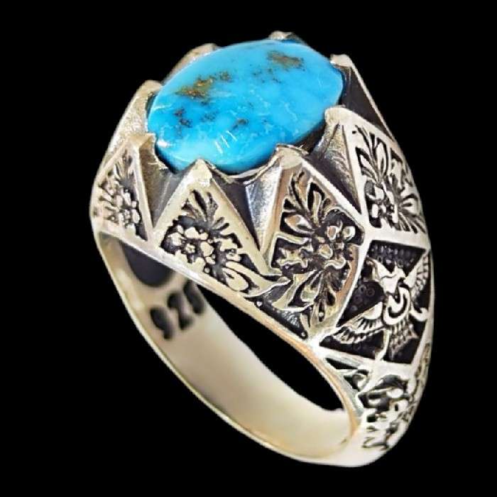 انگشتر نقره مردانه مدل سنگ فیروزه نیشابور رکاب دست ساز کد 6488