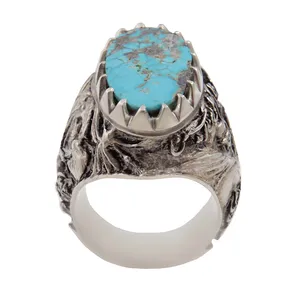 انگشتر نقره مردانه بازرگانی میلادی مدل سنگ فیروزه طبیعی نیشابور رکاب دست ساز AM_1849