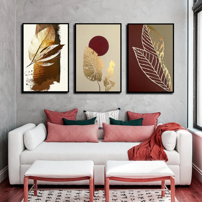 تابلو بکلیت طرح نقاشی برگ پاییزی مدل B-3964 فریم مشکی مجموعه 3 عددی