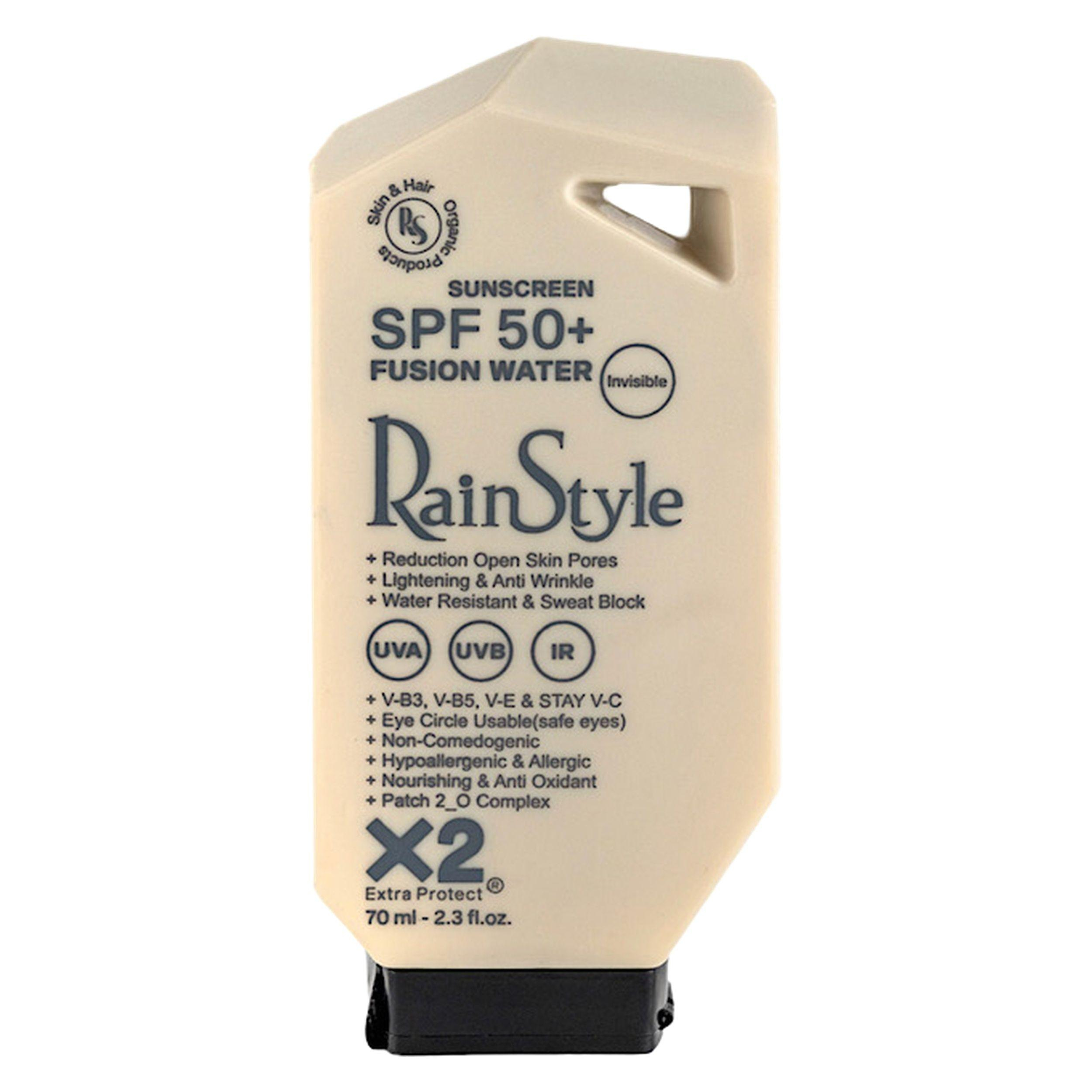 کرم ضدآفتاب بی‌رنگ رین استایل، SPF50، مدل فیوژن واتر، مناسب انواع پوست با حجم 70 میلی‌لیتر، ضد آب، محافظت‌کننده در برابر اشعه‌های UVA و UVB، ضد حساسیت، غیر کومدون‌زا و فاقد پارابن، روشن‌کننده، ضد چروک و پیری،با ماندگاری 5 ساعته 