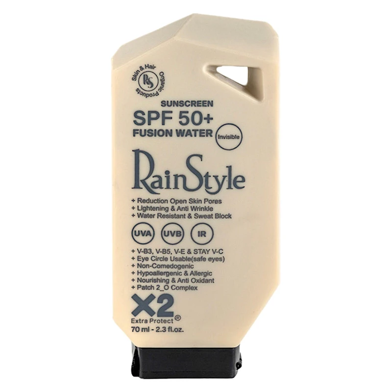 کرم ضدآفتاب بی‌رنگ رین استایل، SPF50، مدل فیوژن واتر، مناسب انواع پوست با حجم 70 میلی‌لیتر، ضد آب، محافظت‌کننده در برابر اشعه‌های UVA و UVB، ضد حساسیت، غیر کومدون‌زا و فاقد پارابن، روشن‌کننده، ضد چروک و پیری،با ماندگاری 5 ساعته 
